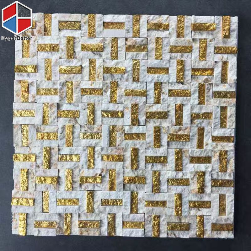Honed white and golden marble mosaic